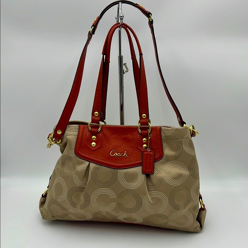 Coach Tan and Orange Shoulder Bag with Gold Hardware